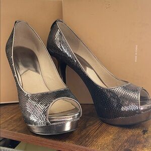 MICHAEL Michael Kors Silver Sequin Peep-Toe Platform Heels